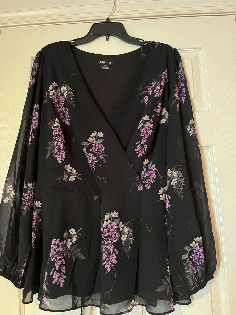 City Chic Black Floral Wrap Blouse with Purple & Cream Blossoms
